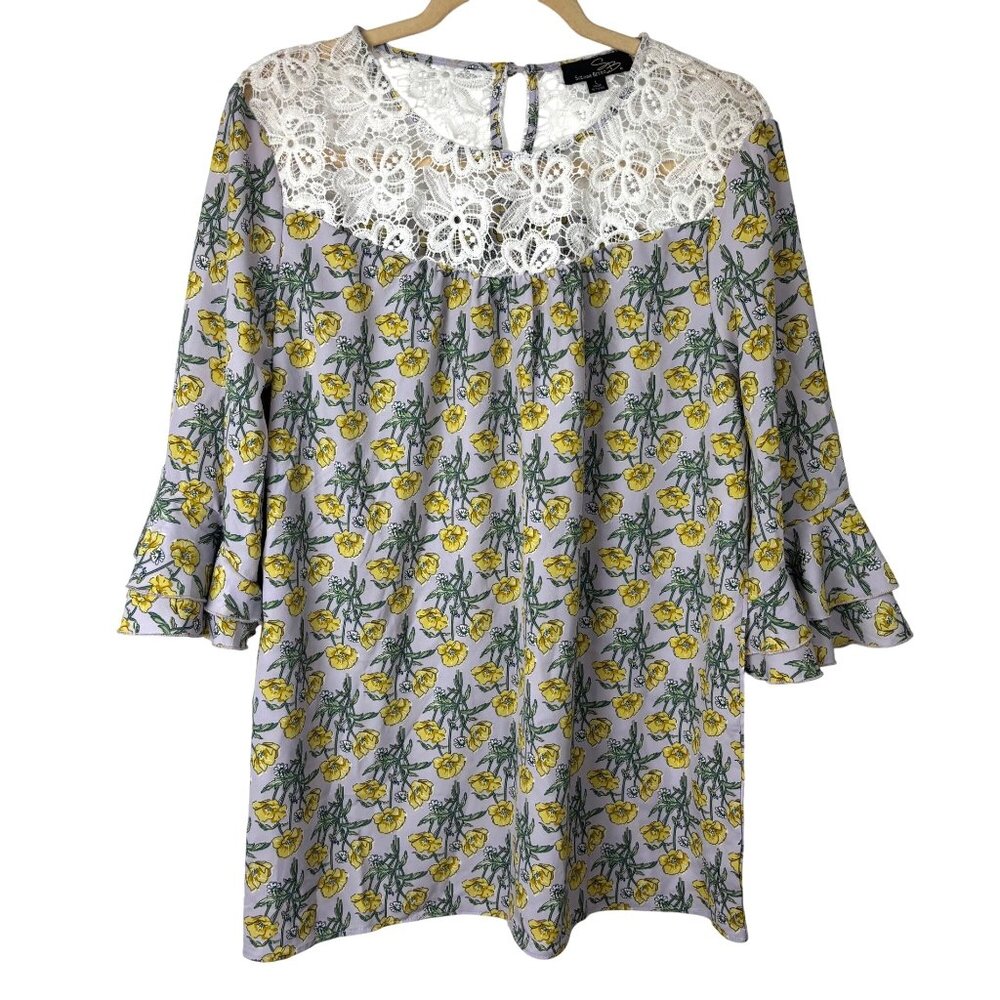 Suzanne Betro L Purple Floral Peasant Top Lace 3/4 Bell Sleeves Boho Retro Flowy